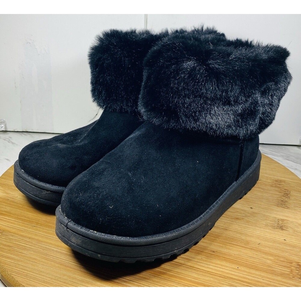 SO Women's Snow Boots Faux Fur FAUX Suede Warm Snow Winter Boots SZ 7 Black